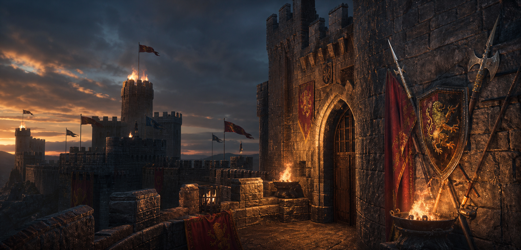 Castle walls with signal fires, banners, and coats of arms at dusk